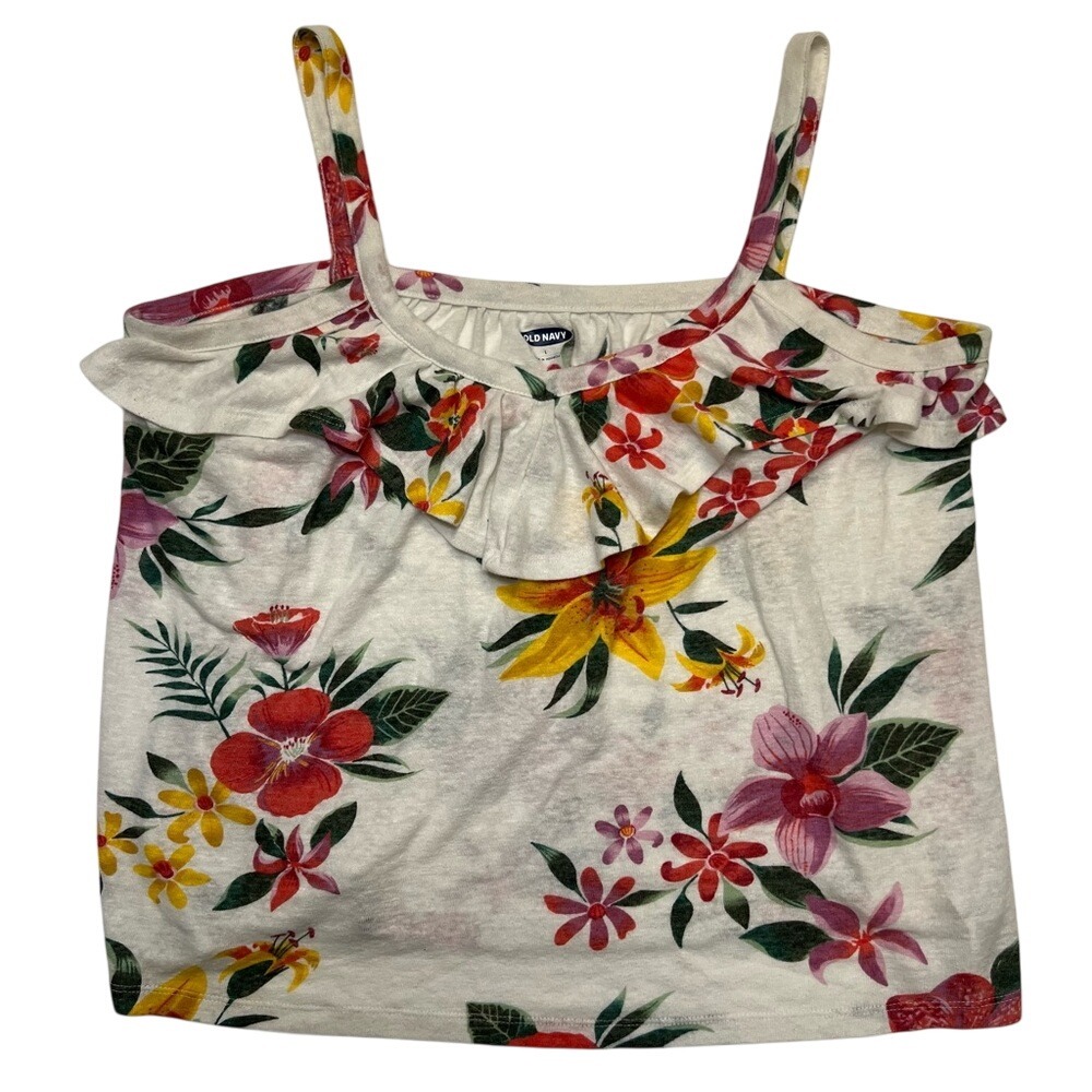 Old Navy Tank Top Ruffled Tropical‎ Floral Sleeveless Linen Blend Size L